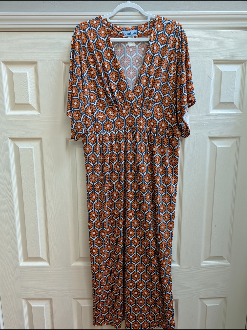 Karina | Navy And Orange Geometric V-Neck Kimono Sleeve Maxi Dress